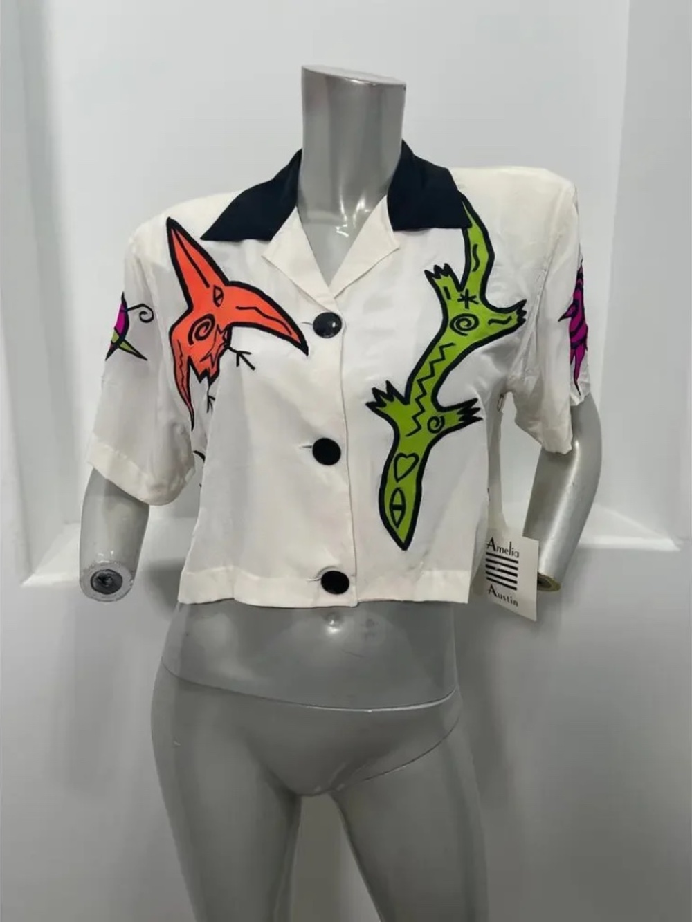 Vintage DEADSTOCK 80s Amelia Austin Graphic Embroidered Silk Copped Top NWT - Picture 7 of 7